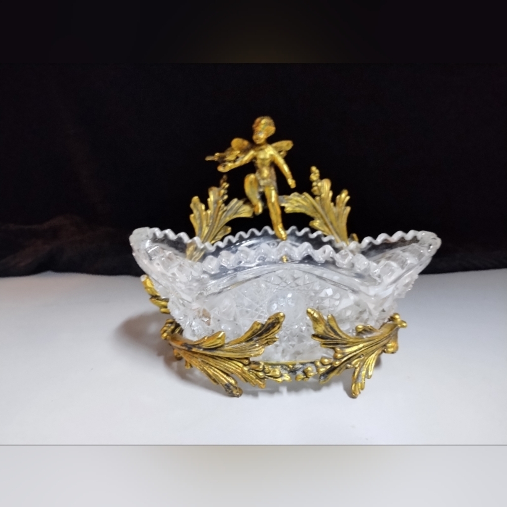 Vintage Fine Cupid and Bird Glass Trinket Dish